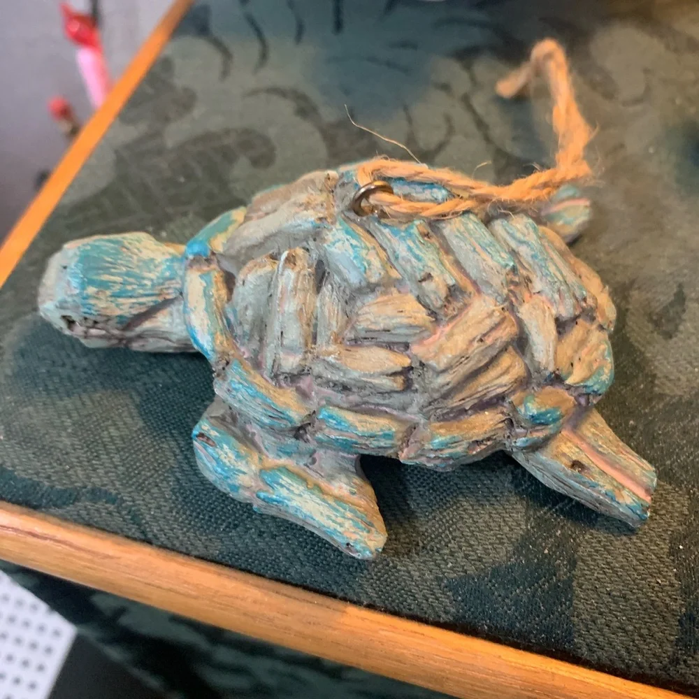Handcrafted Light Blue Rustic Driftwood Turtle Ornament